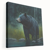 Stretched canvas wall art featuring a striking black bear design, showcasing intricate details and vibrant colors, perfect for nature-themed home decor.
