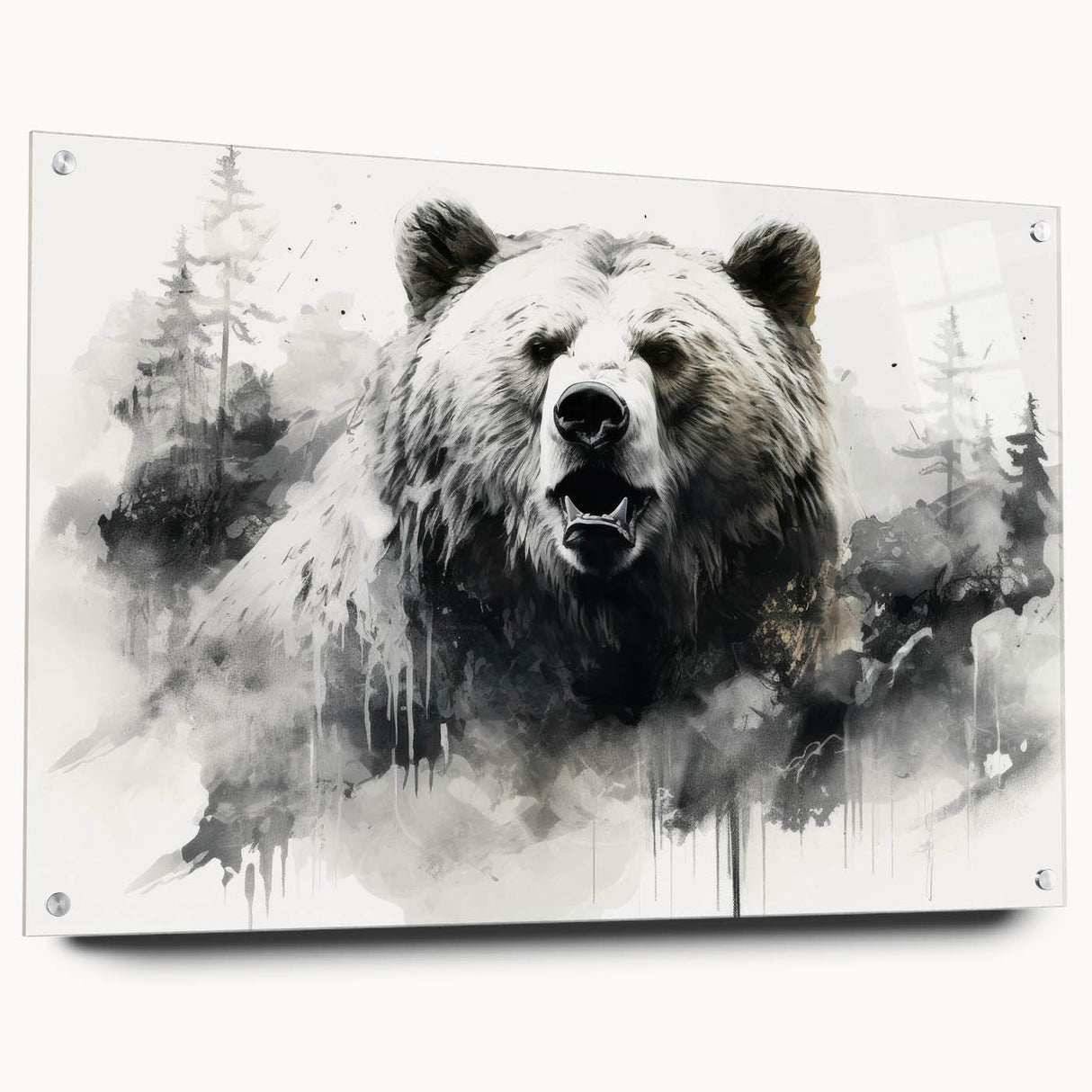 Black bear wall art collection displayed in a side view, featuring acrylic glass and pins for mounting. Ideal for wildlife enthusiasts and modern decor.