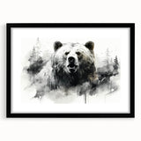 Black bear wall art design in a sleek frame with matting, showcasing a detailed illustration of a bear, perfect for nature-themed decor. Ideal for wildlife enthusiasts and home accents.