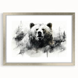 Black bear wall art framed with a silver mat, showcasing a nature-inspired design perfect for home decor. Ideal for wildlife enthusiasts and modern interiors.