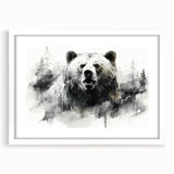 Black bear wall art design framed with a white mat, showcasing a striking front view. Ideal for nature-themed decor, this piece adds a touch of wilderness to any space.