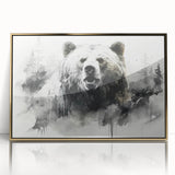 Framed wall art design featuring a black bear in a natural setting, accentuated by a sleek gold frame and acrylic front for a modern touch. Ideal for wildlife enthusiasts and home decor.