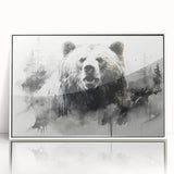Framed wall art featuring a striking black bear design, showcasing intricate details and vibrant colors, displayed in a sleek white frame for modern decor.