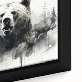Close-up of a framed wall art piece featuring a striking black bear design on canvas, showcasing detailed fur textures and vibrant colors, perfect for nature-themed decor.