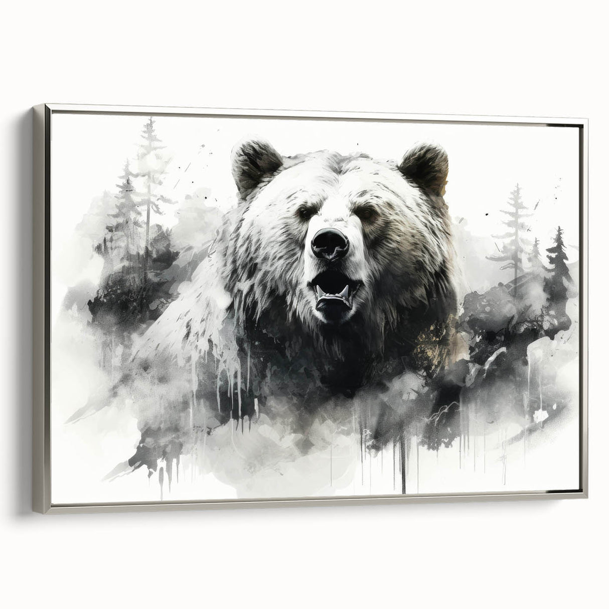 Framed canvas wall art showcasing a black bear design with a sleek silver frame, ideal for nature-themed decor. Perfect for wildlife enthusiasts and home decoration.