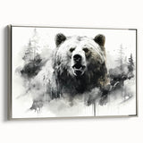 Framed canvas wall art showcasing a black bear design with a sleek silver frame, ideal for nature-themed decor. Perfect for wildlife enthusiasts and home decoration.