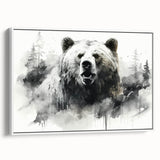 Framed wall art featuring a black bear design on canvas, displayed from a side view against a white background, showcasing intricate details and vibrant colors. Perfect for wildlife decor enthusiasts.