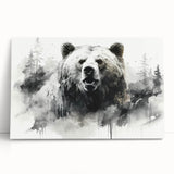 Black bear wall art collection on stretched canvas, featuring a detailed design with earthy tones, leaning against a wall for display in a modern home setting.