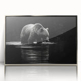 Framed acrylic wall art featuring a striking black bear design, showcasing intricate details and a silver frame, ideal for nature-themed home decor.