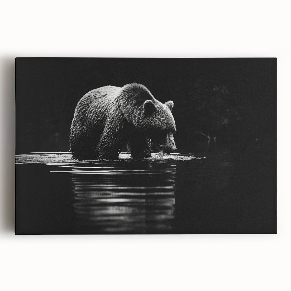 Black bear wall art design on stretched canvas, showcasing detailed fur texture and striking colors, perfect for nature-themed home decor or wildlife enthusiasts.