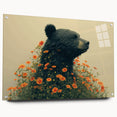 Acrylic glass wall art featuring a detailed black bear design, displayed in a side view with decorative pins, ideal for nature-themed decor and wildlife enthusiasts.