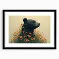 Framed wall art featuring a black bear design, showcasing intricate details and vibrant colors, set in a sleek black frame with a white mat, ideal for nature-themed decor.