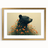 Framed black bear wall art depicting a majestic bear silhouette against a gold mat, ideal for rustic home decor and wildlife enthusiasts. Perfect for enhancing any living space with nature-inspired elegance.