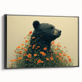 Framed canvas wall art featuring a black bear design, showcasing intricate details and a sleek black frame. Ideal for nature lovers and rustic decor enthusiasts.