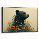 Framed canvas wall art featuring a black bear design, showcasing intricate details and a sleek black frame. Ideal for nature lovers and rustic decor enthusiasts.