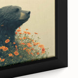 Close-up of a framed canvas wall art piece showcasing a striking black bear design with intricate details and bold colors, perfect for wildlife enthusiasts.