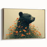 Framed wall art featuring a black bear design on canvas, highlighted with a gold frame, showcasing a side view that enhances its elegance and detail. Perfect for nature-themed decor.