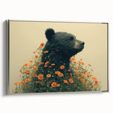 Framed wall art featuring a striking black bear design on canvas, showcasing intricate details and a silver frame, perfect for nature-themed home decor.