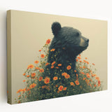 Stretched canvas wall art featuring a striking black bear design in a natural setting, showcasing rich colors and intricate details, perfect for wildlife enthusiasts.