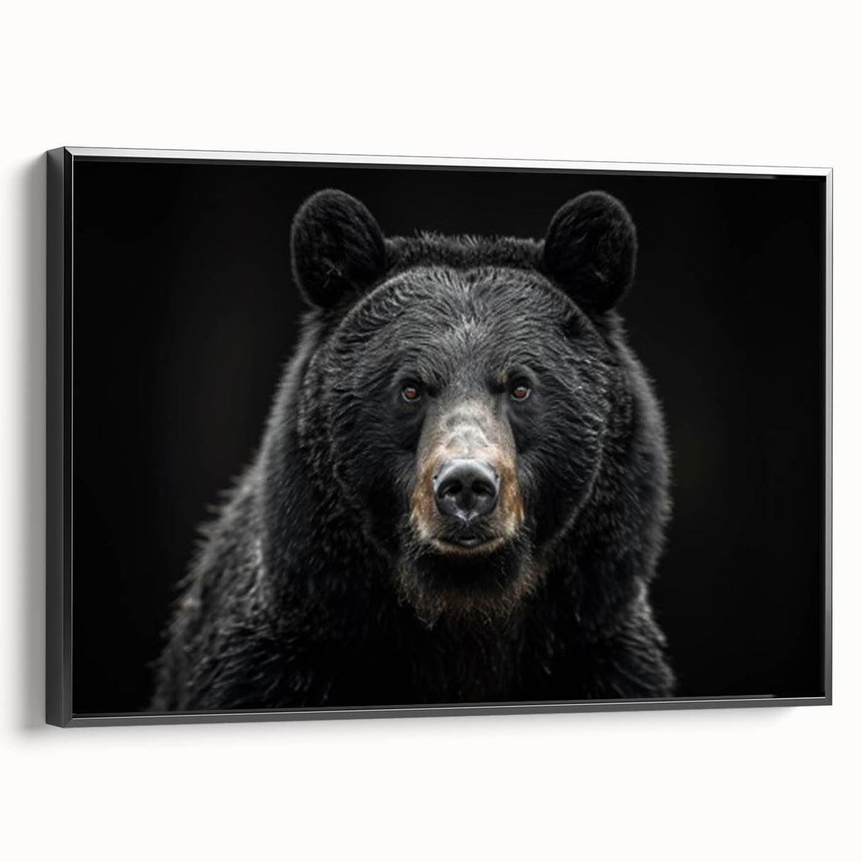 Framed canvas wall art showcasing a black bear design in a modern style, featuring rich black tones and detailed textures, perfect for nature lovers' decor.
