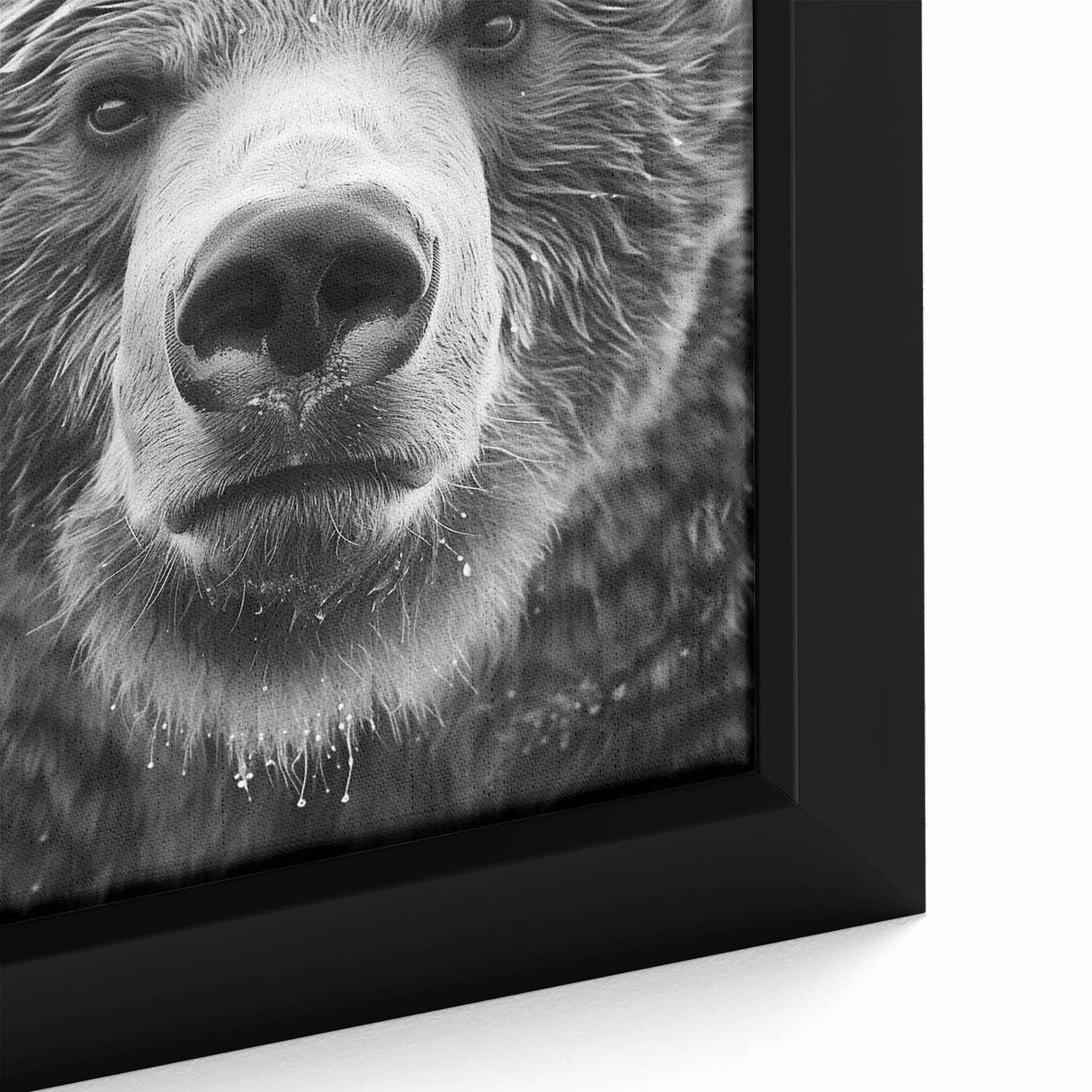 Close-up of a framed black bear wall art design featuring intricate details and textures, ideal for wildlife enthusiasts and home decor, showcasing the bear's natural beauty.