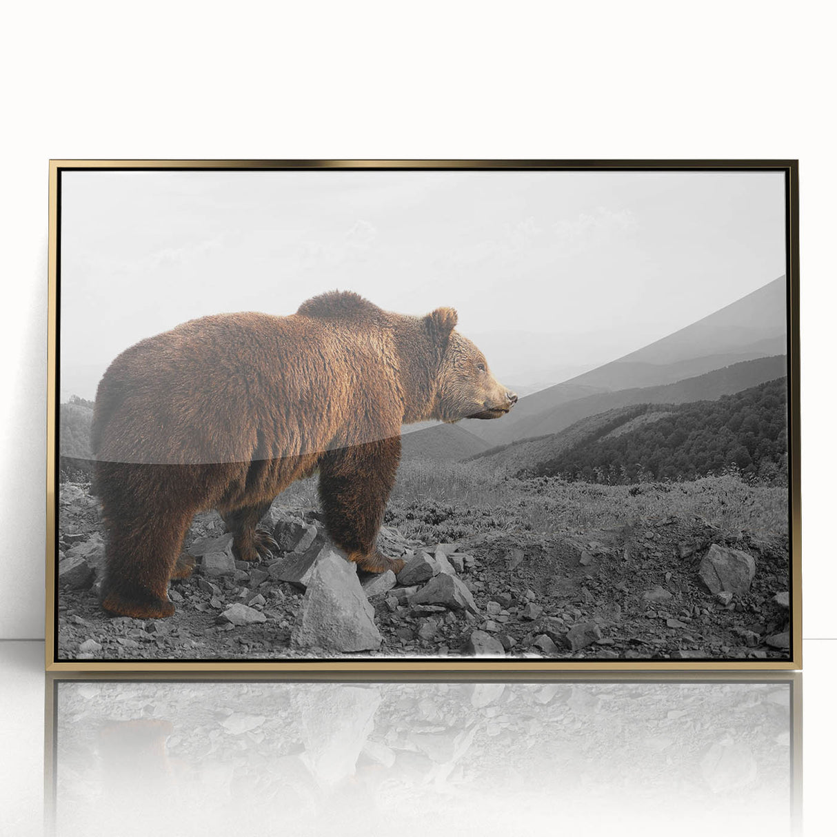 Framed wall art featuring a brown bear design in an elegant gold frame, showcasing intricate details and vibrant colors, perfect for nature-themed decor.