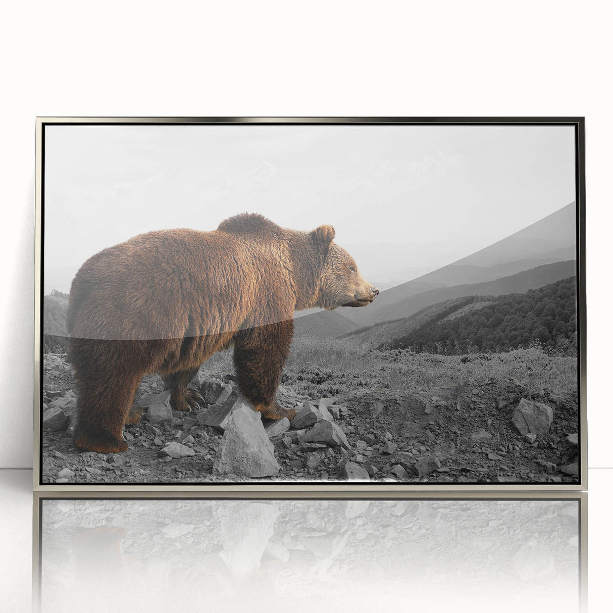 Framed wall art featuring a stylized brown bear design, set in an elegant silver frame, ideal for adding a nature-inspired touch to home decor.