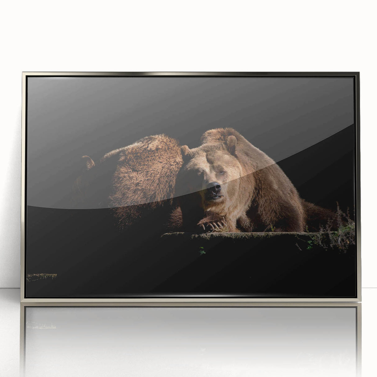 Framed wall art featuring a brown bear design with a sleek silver acrylic frame, showcasing intricate details and vibrant colors, perfect for nature lovers' decor.