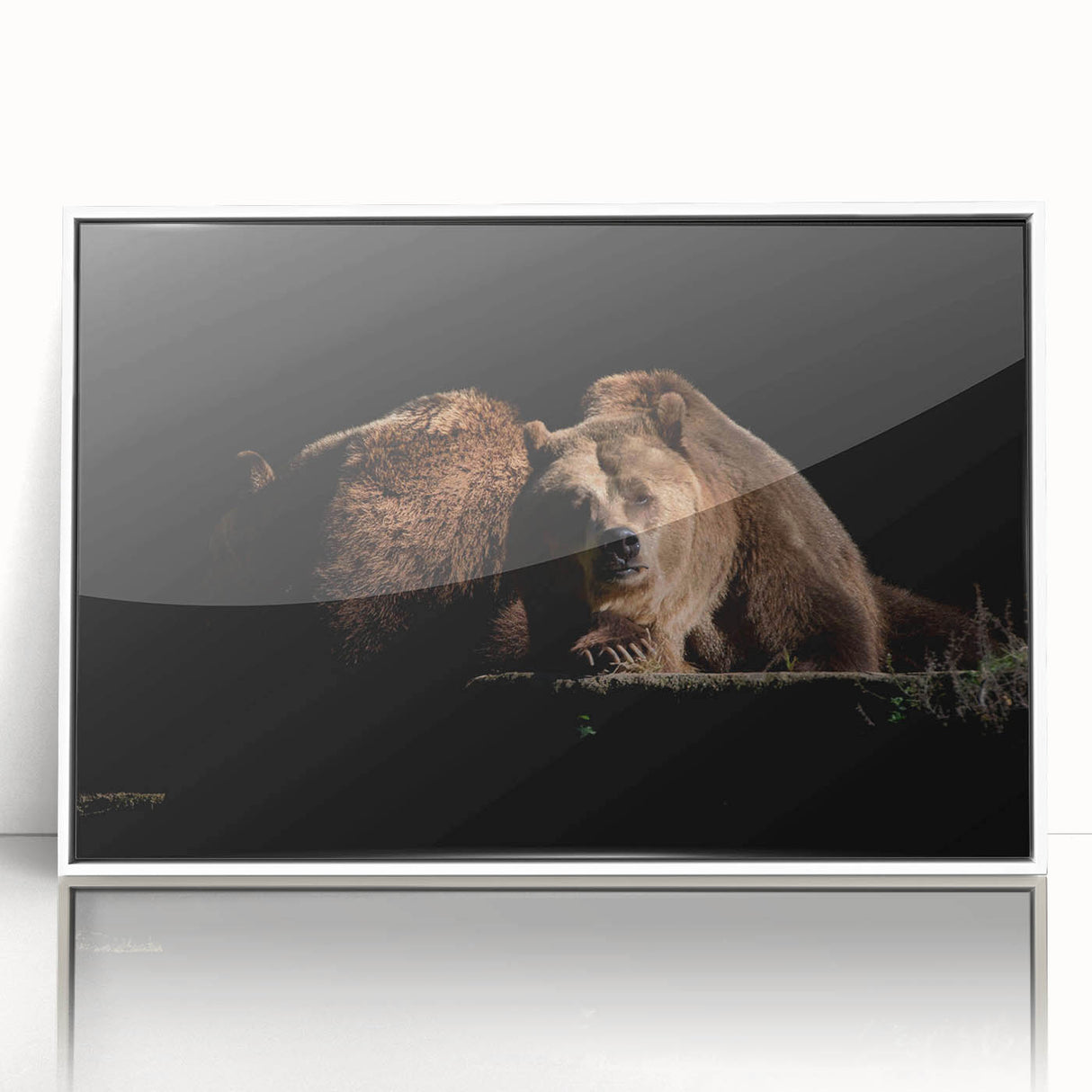 Framed wall art showcasing a stylized brown bear design on a white background, ideal for nature-themed decor in living spaces or children's rooms, adding a whimsical touch.
