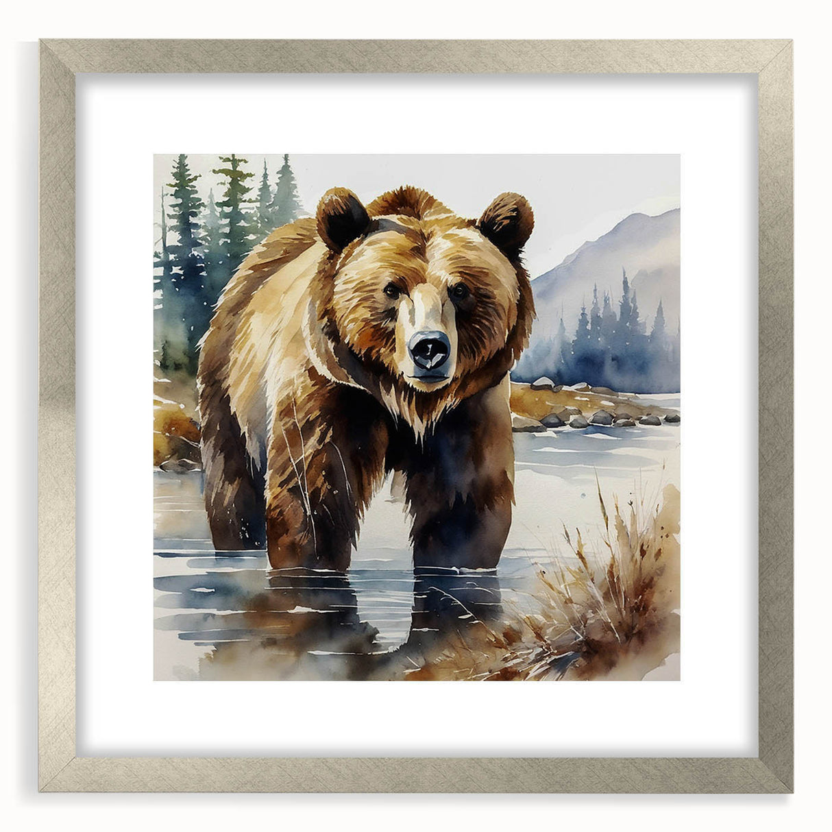 Brown bear wall art collection framed in silver, featuring a mat for a polished look, perfect for nature-themed home decor or wildlife enthusiasts.