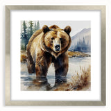 Brown bear wall art collection framed in silver, featuring a mat for a polished look, perfect for nature-themed home decor or wildlife enthusiasts.