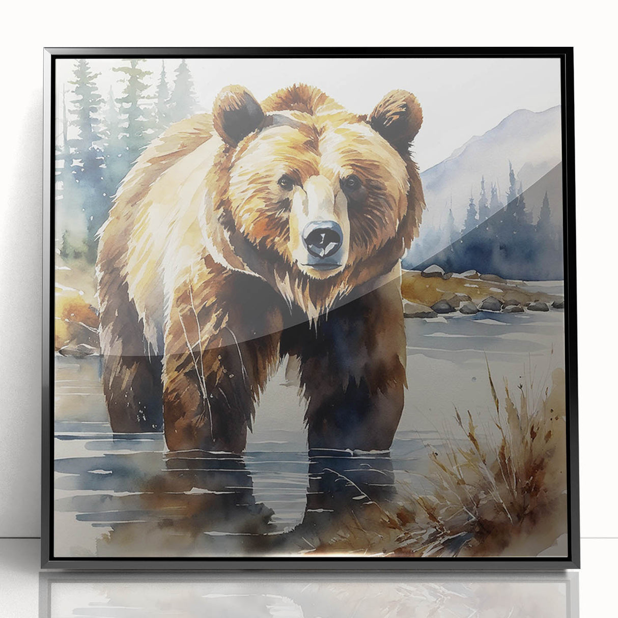 Framed acrylic wall art featuring a brown bear design against a black background, showcasing intricate details and vibrant colors, perfect for wildlife enthusiasts.