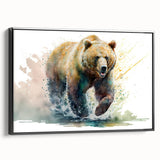 Framed canvas wall art showcasing a brown bear design with a sleek black frame, ideal for nature-themed decor in living spaces or offices, enhancing any interior.