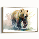 Framed wall art featuring a brown bear design on canvas, with a gold frame and elegant side view, perfect for nature-themed decor or wildlife enthusiasts.