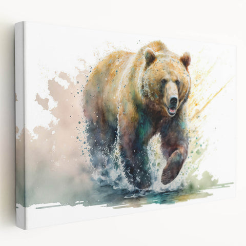 Stretched canvas wall art featuring a brown bear design, showcasing intricate details and vibrant colors, ideal for nature-themed home decor and wildlife enthusiasts.