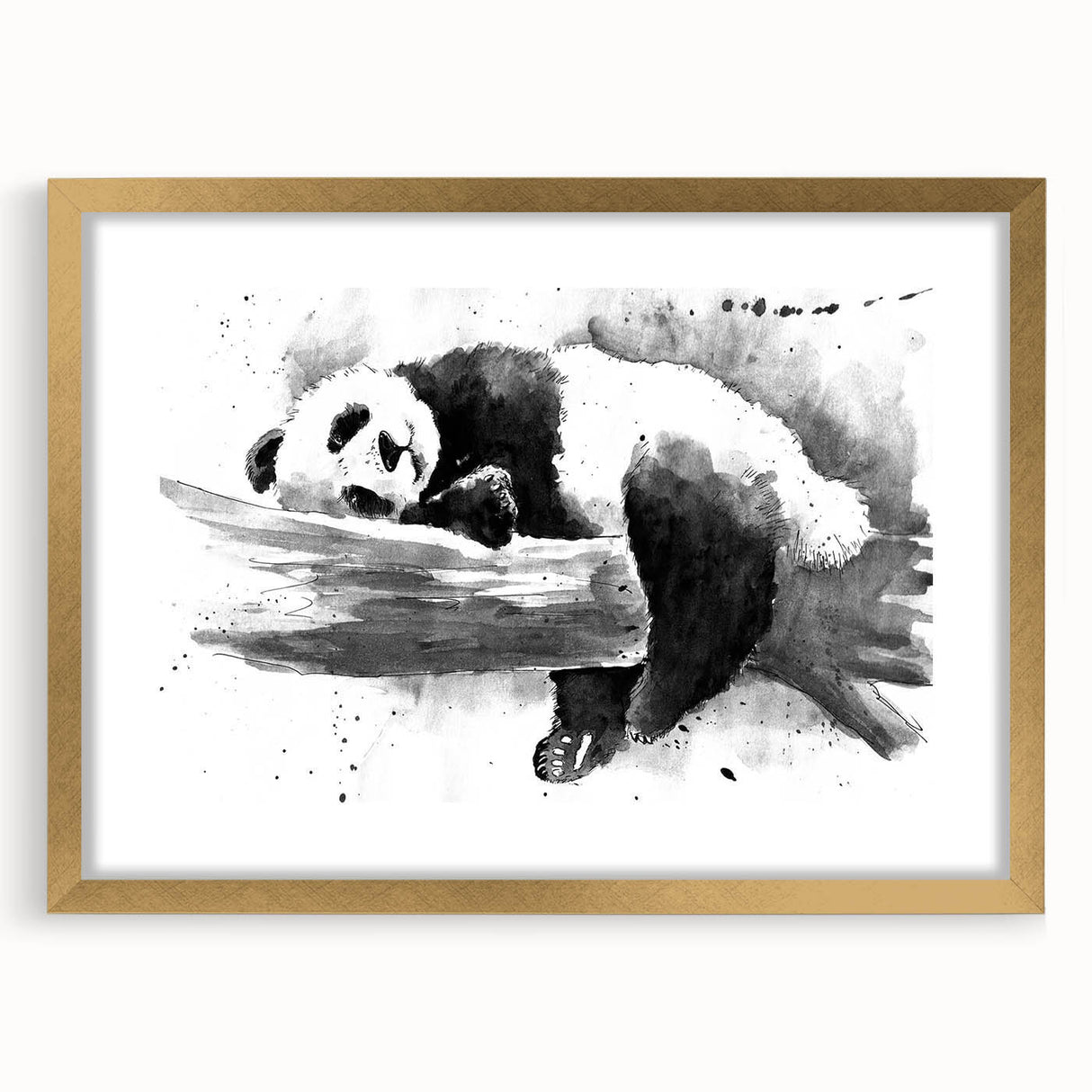 Framed wall art featuring a whimsical panda bear design, presented in a stylish gold frame with a mat. Ideal for children's rooms or playful decor themes.