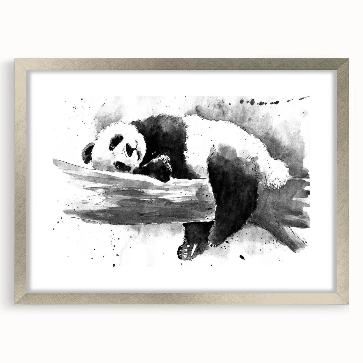 Framed wall art featuring a cute panda bear design, set in a sleek silver frame with a mat, ideal for children's rooms or playful decor. Perfect for animal lovers.