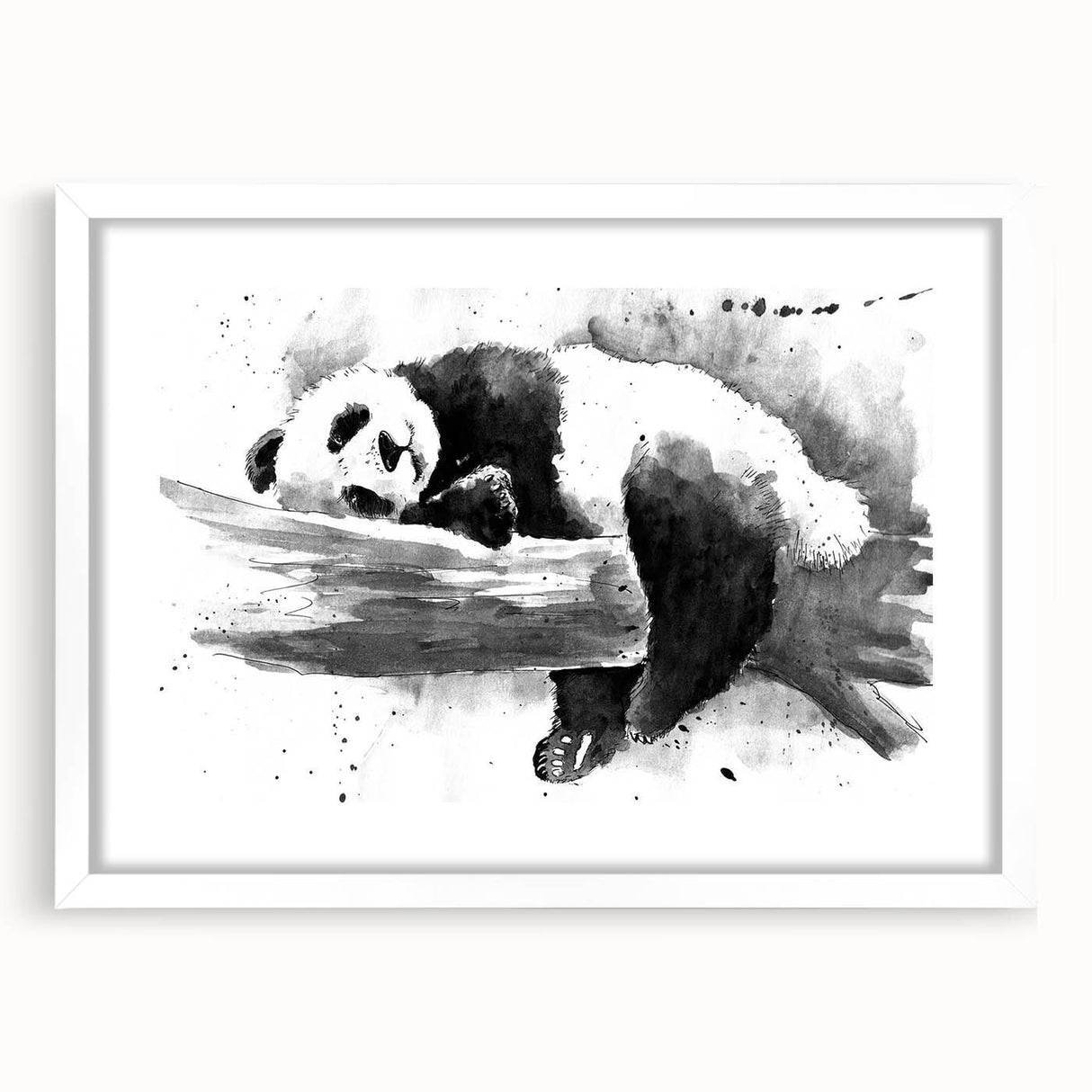 Panda bear wall art design in a white frame with matting, showcasing a playful panda illustration against a light background, perfect for children's rooms or nursery decor.
