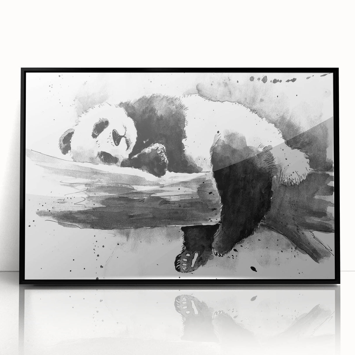 Framed acrylic wall art featuring a playful panda bear design, set against a sleek black background, perfect for children's room decor and contemporary art enthusiasts.