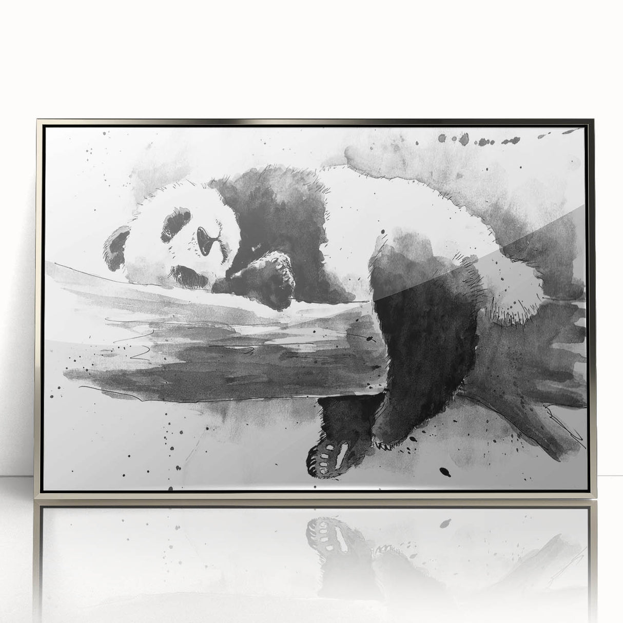 Framed wall art featuring a whimsical panda bear design, presented in a sleek silver frame with an acrylic front, perfect for playful home decor.