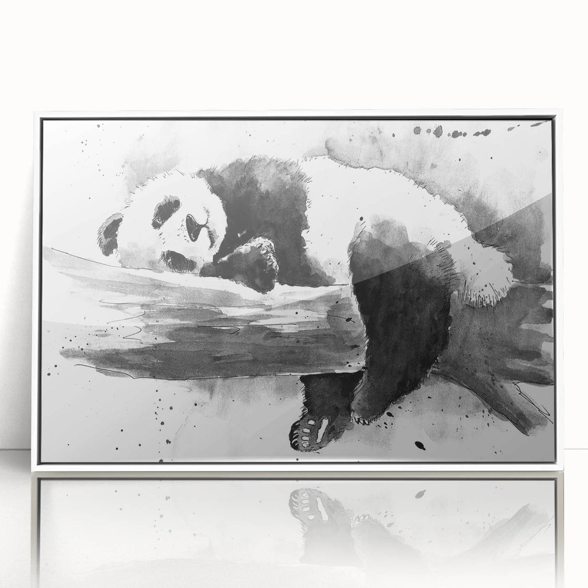 Framed panda bear wall art with a white border, showcasing a playful design in vibrant colors, perfect for children's room decor and animal-themed interiors.