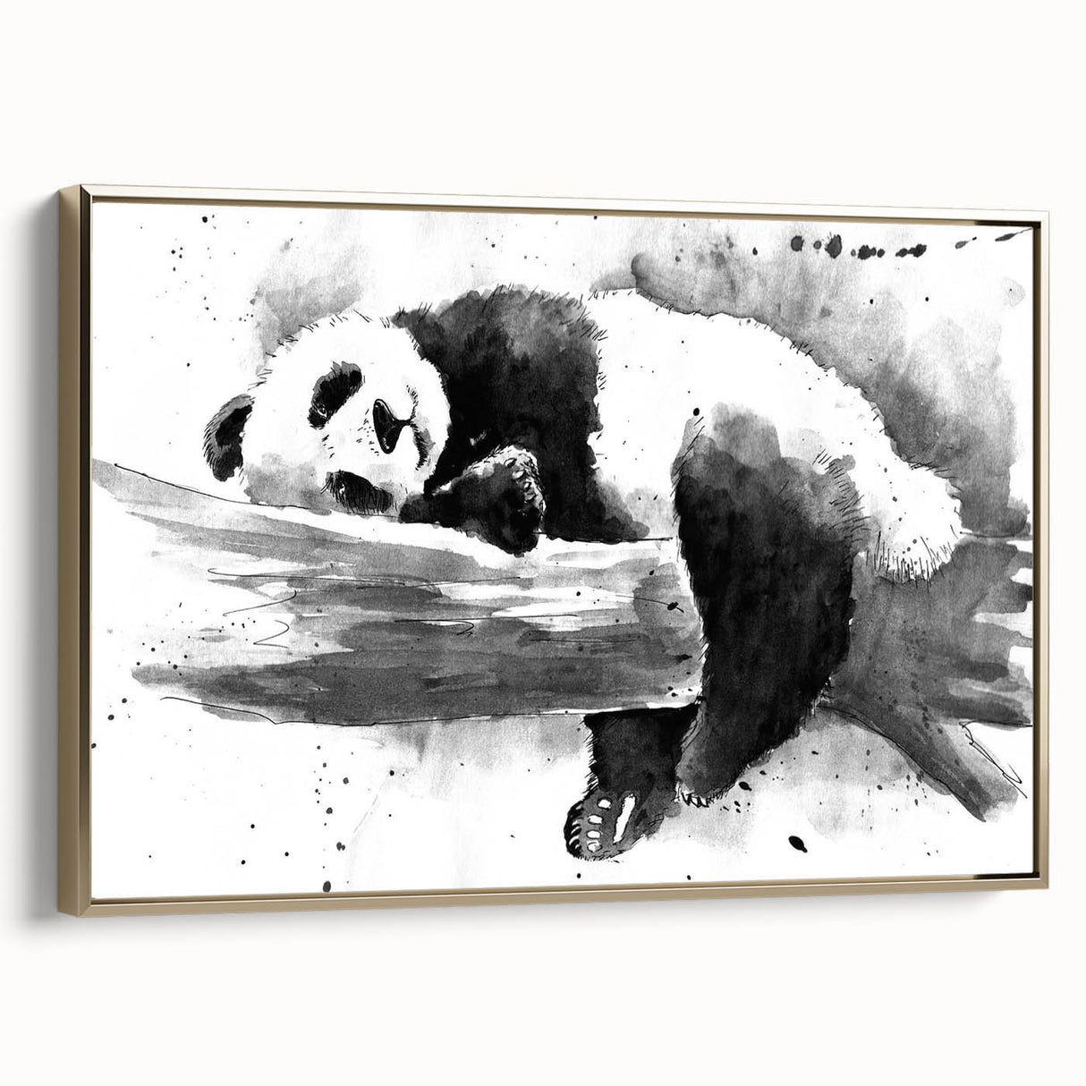 Framed wall art featuring a stylish panda bear design on a gold background, showcasing modern decor ideal for children's rooms or playful spaces.