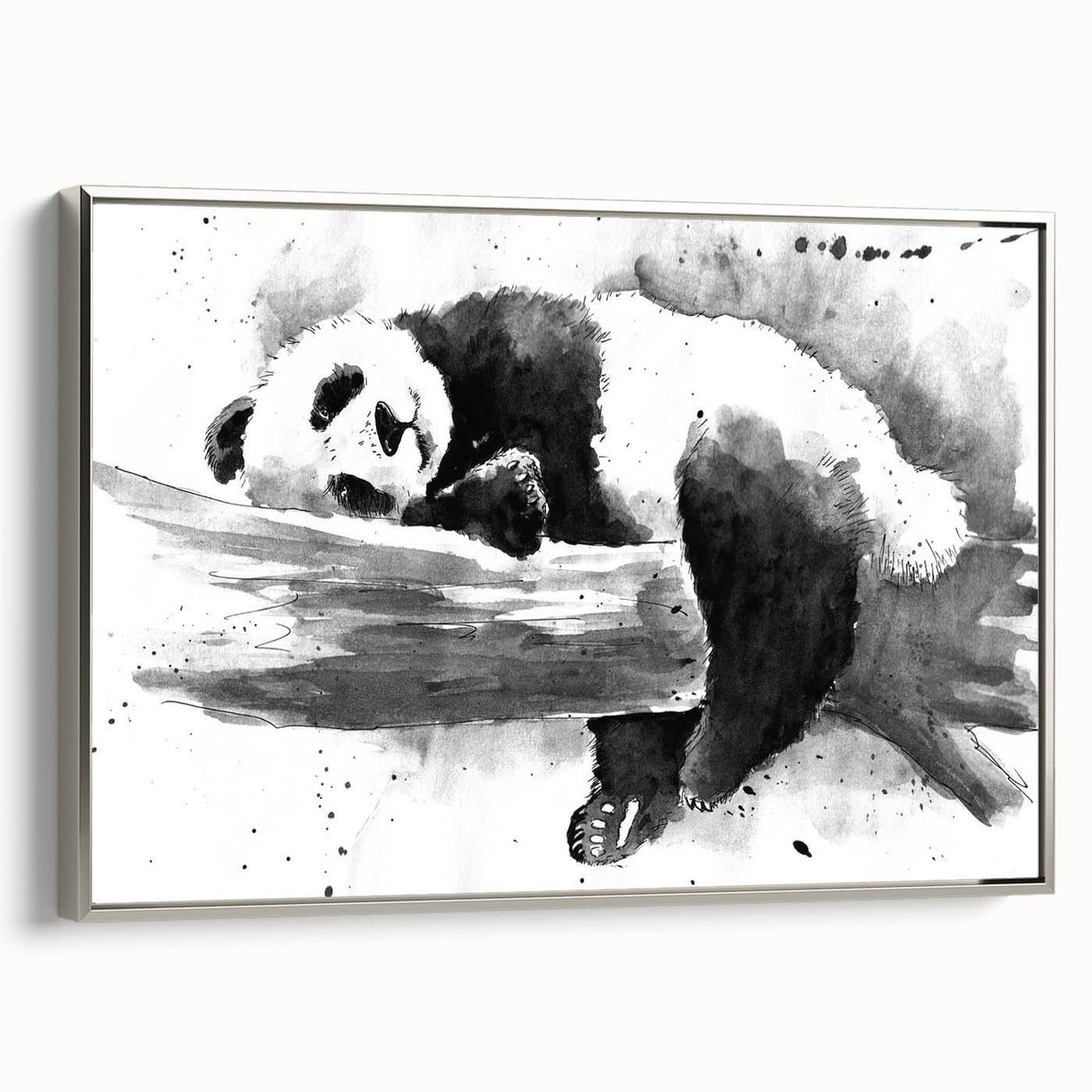 Framed canvas wall art featuring a playful panda bear design, showcasing vibrant colors and a sleek silver frame, perfect for children's rooms or playful decor.