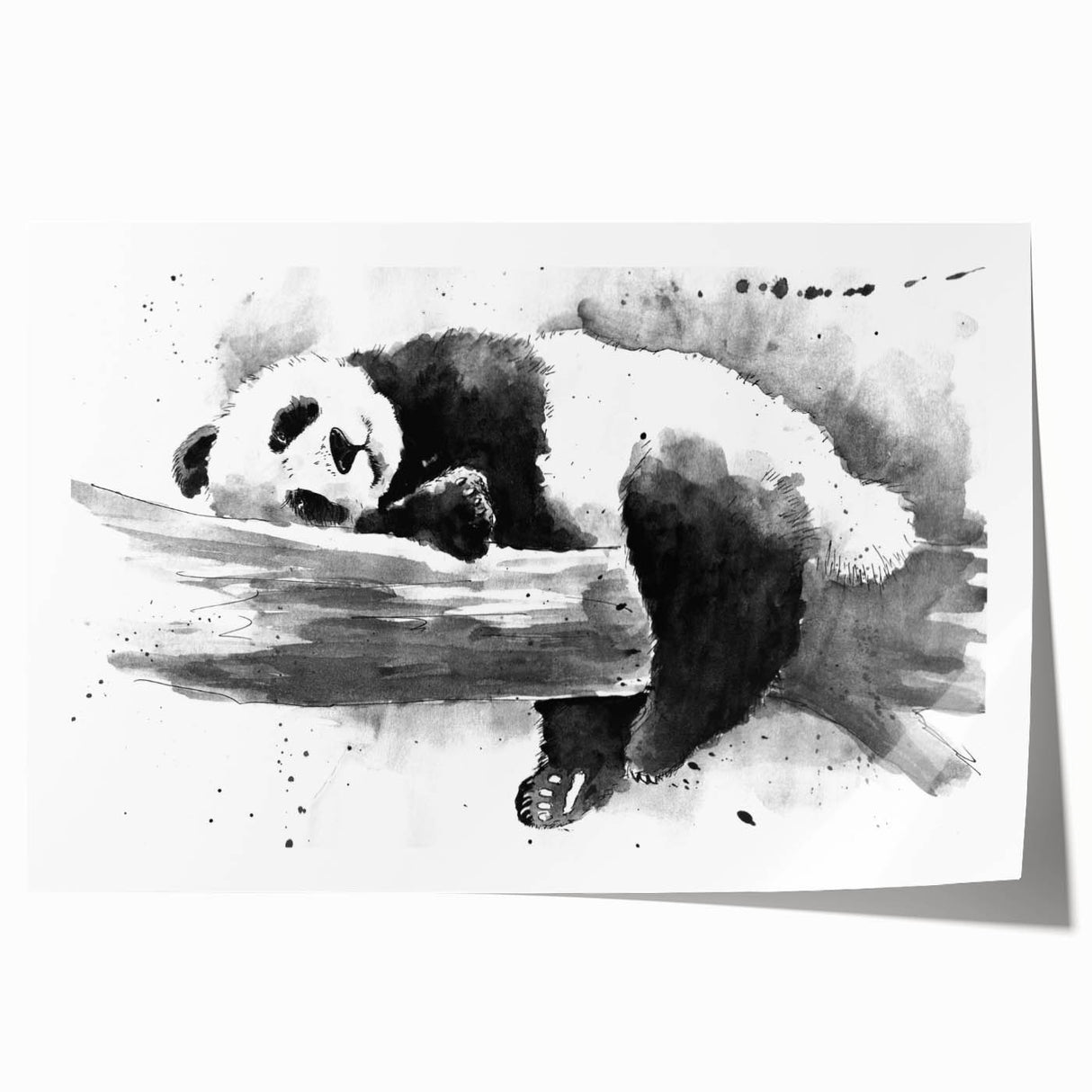 Panda bear wall art print featuring vibrant colors and playful design, rolled and packaged in a protective cardboard tube, perfect for children's rooms or playful decor.