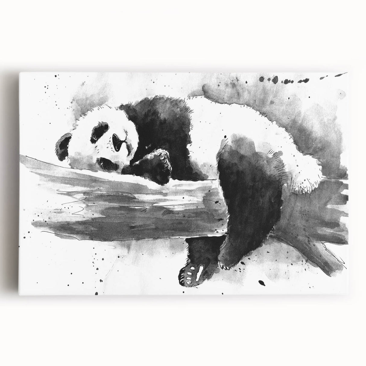 Stretched canvas wall art featuring a playful panda bear design, ideal for children's rooms or nursery decor, showcasing vibrant colors and whimsical details.