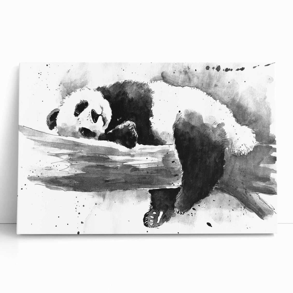 Panda bear wall art design on a stretched canvas, featuring vibrant colors and playful imagery, perfect for children's rooms or nursery decor.