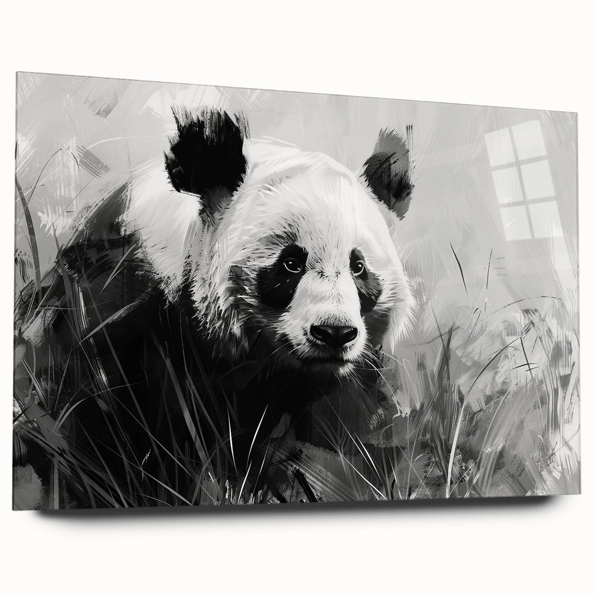 Side view of a panda bear acrylic wall art piece showcasing vibrant colors and intricate design details, perfect for enhancing modern home decor. This art piece features a sleek glass finish, highlighting its contemporary aesthetic and artistic flair.