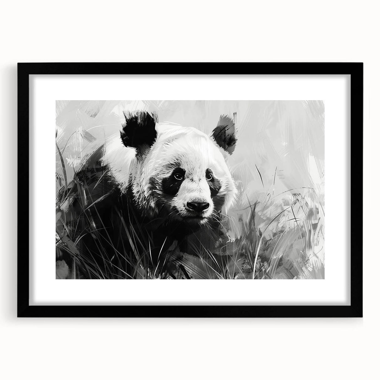 Panda bear wall art design in a black frame with mat, showcasing playful panda illustrations against a white background, ideal for children's decor and animal lovers.