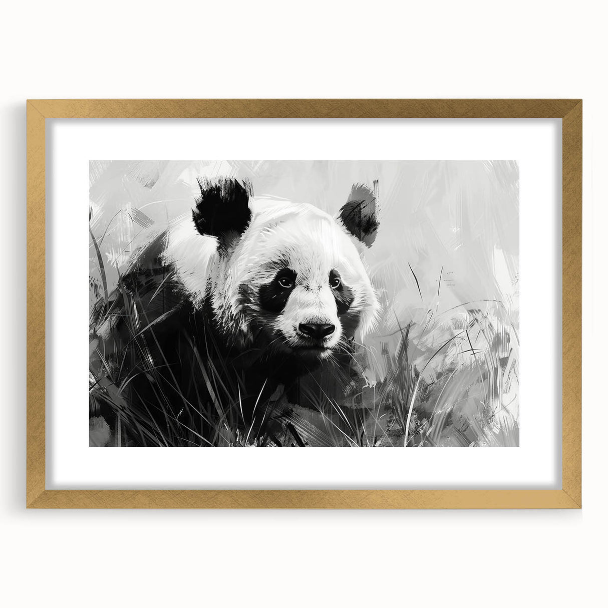 Panda bear wall art design in a stylish gold frame, featuring a modern illustration with vibrant colors, perfect for children's room decor or playful spaces.