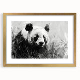 Panda bear wall art design in a stylish gold frame, featuring a modern illustration with vibrant colors, perfect for children's room decor or playful spaces.